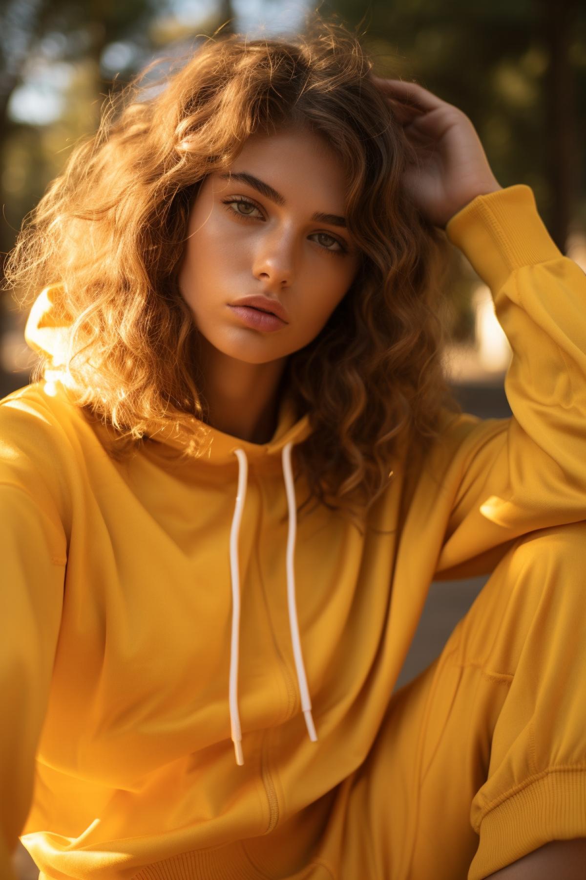 girl 20 years old in a yellow sweatsuit 4ks in park of a playground, in the style of fashion photography, alayna lemmer, herb ritts, foreshortening techniques, light orange and amber, monochromatic com4ks