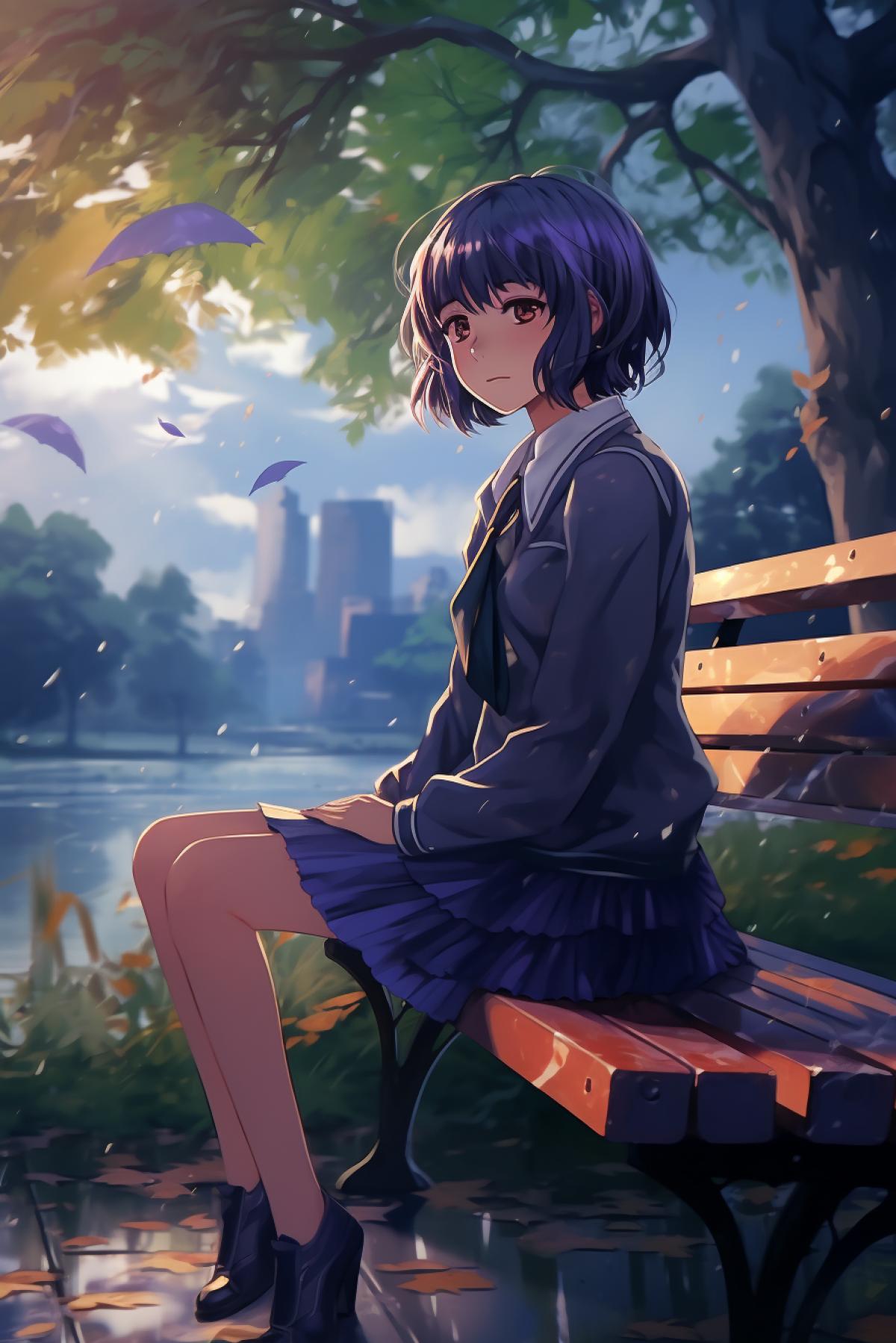 Beautiful green park by the lake, rain, beautiful girl sitting on a bench, purple short hair, school uniform, Japanese style, anime drawing
