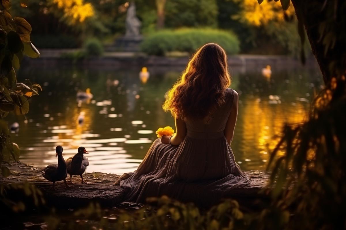 The girl is sitting on the grnear the pond, wonderful park, beautiful lighting, romantic, atmospheric, photorealistic