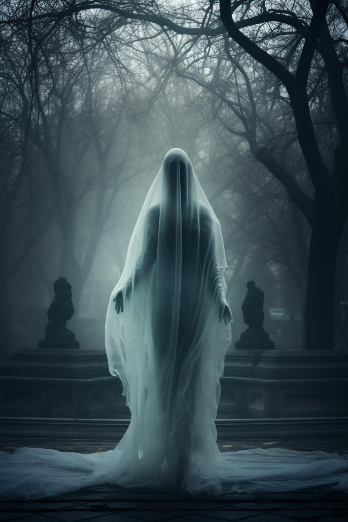Ghost transparent girl, phantom in the large beautiful park, nightmare, gothic, mystic, dramatic, atmospheric, photorealistic