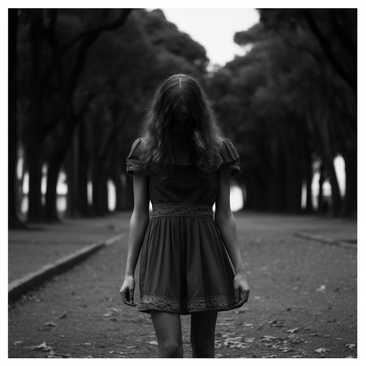 an girl 20 years old walking in a park, in the style of óscar domínguez, dark and white art, alessandro allori, restrained serenity, fujifilm eterna 250d type 8563, vittorio matteo corcos, commission for --no watermark