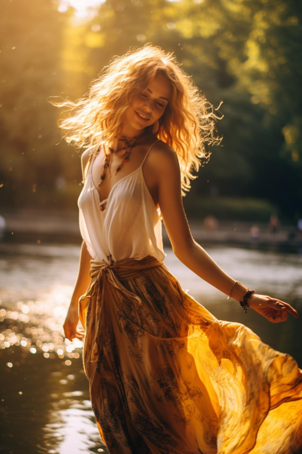 Hippie girl dancing and playing tamboyellow water in the park, sunlight, dynamic, beautiful light, photorealistic, atmospheric