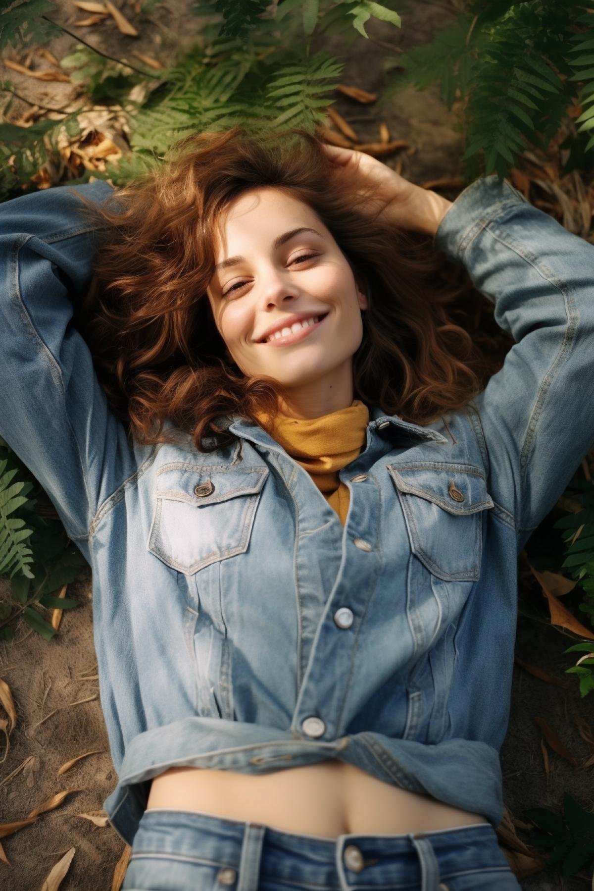 Beautiful 22-year-old girl lying on grin city park dreaming smiling general top bird-eye-view full height legs crossed trees and bushes around mood of piece love happiness