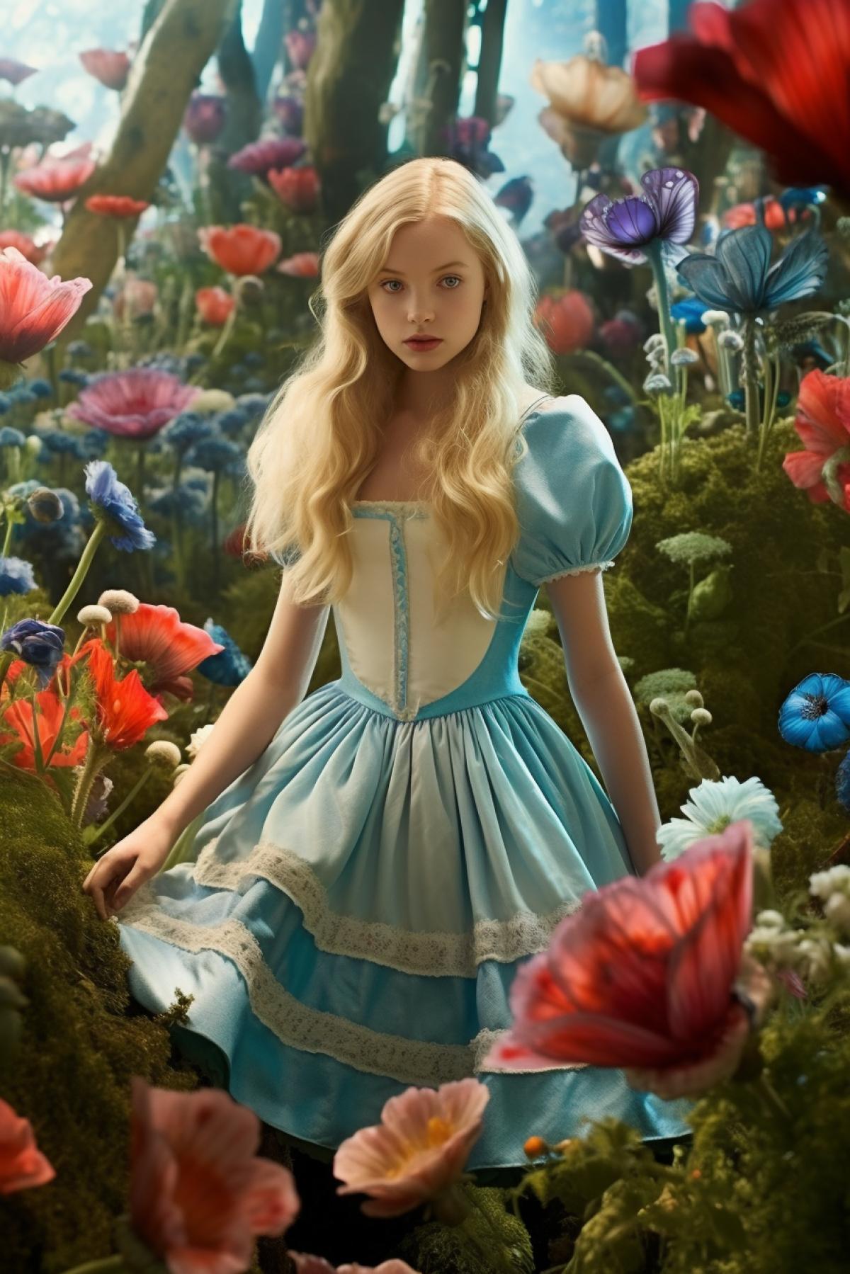 Alice in Wonderland garden small among giant flowers photo