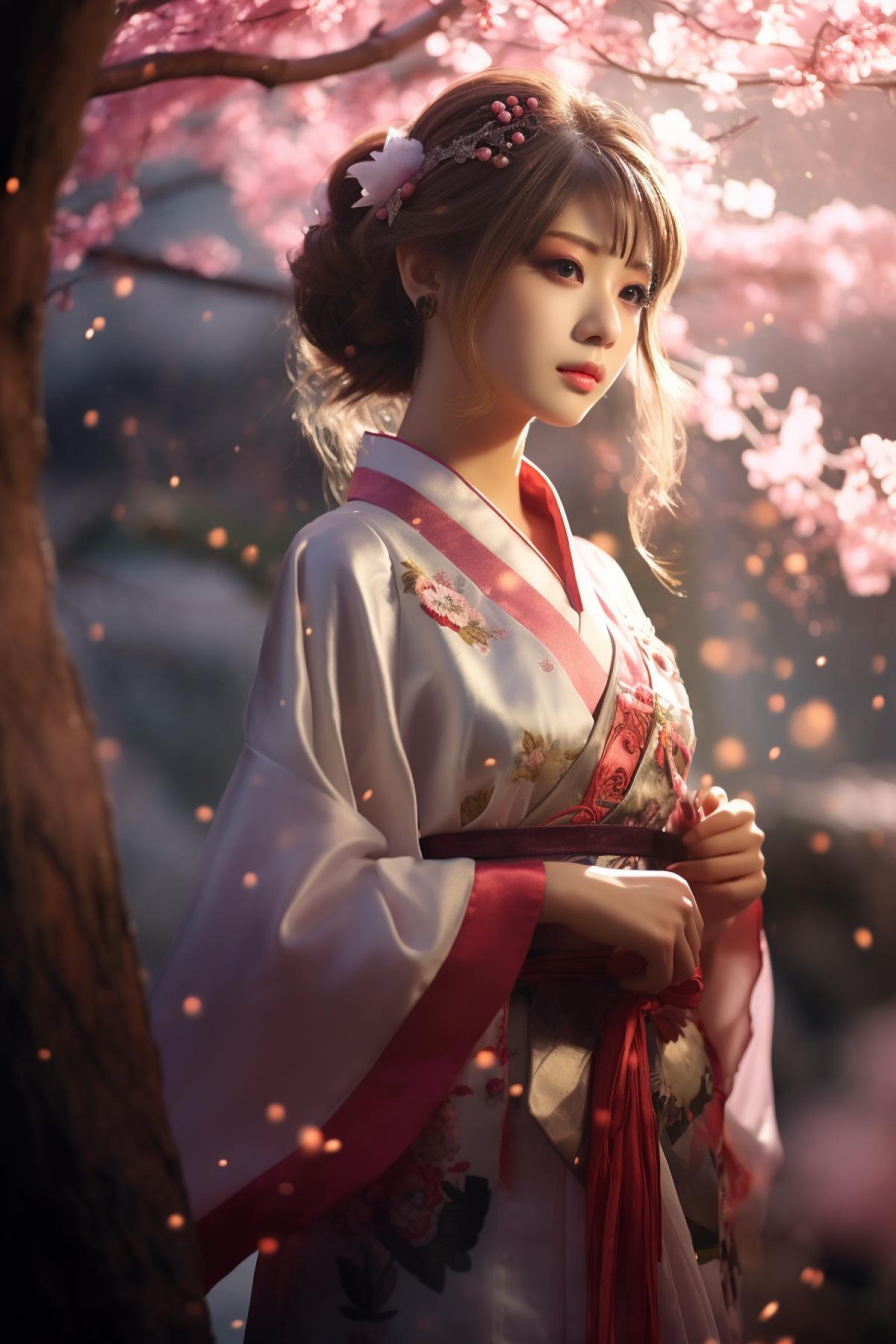 Japan girl, national clothes, full body, Sakura park, beautiful lighting, photorealistic, atmospheric