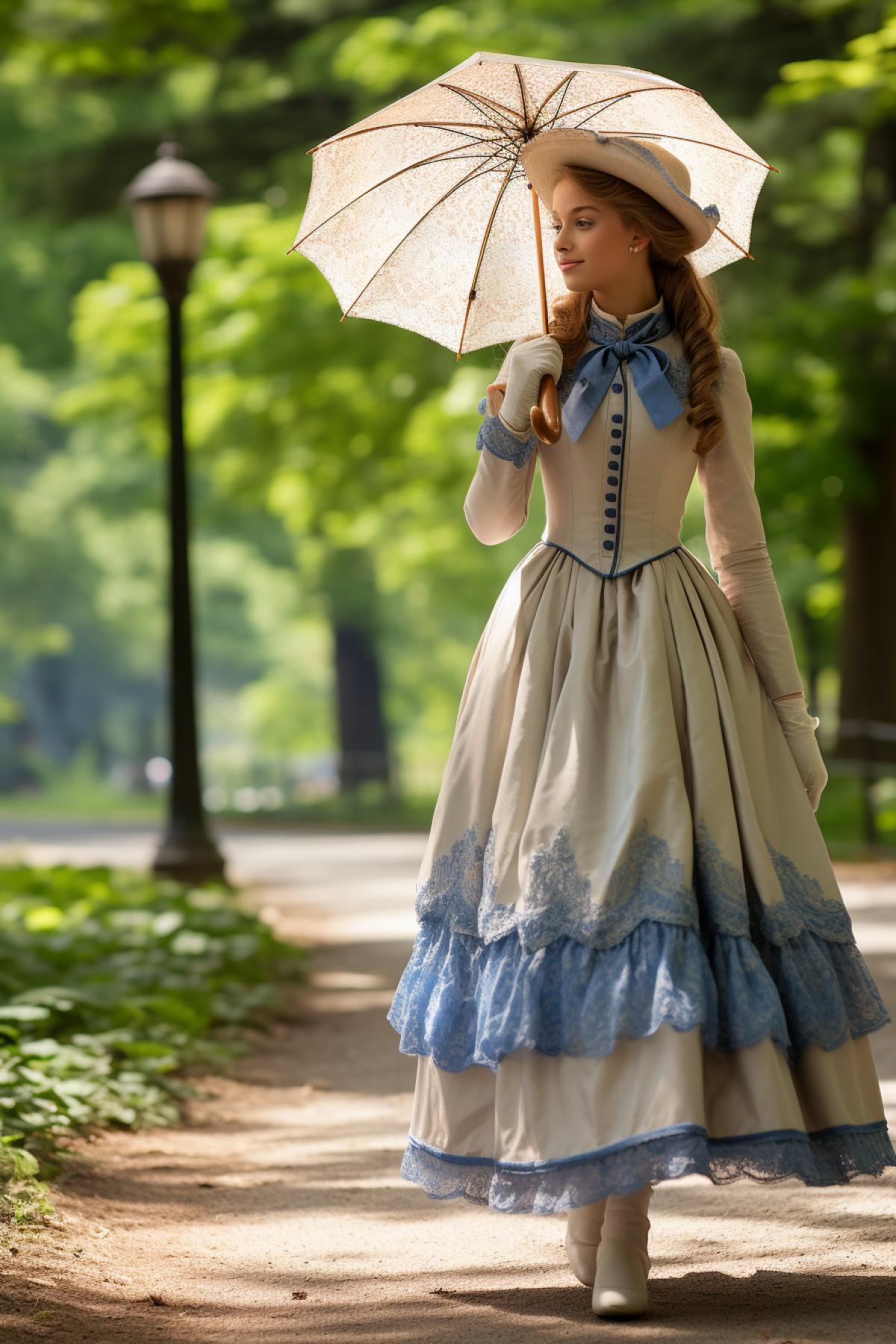 Nineteenth century young girl walking wearing old-fashioned dress and umbrella in the central park of New-York sunny weather