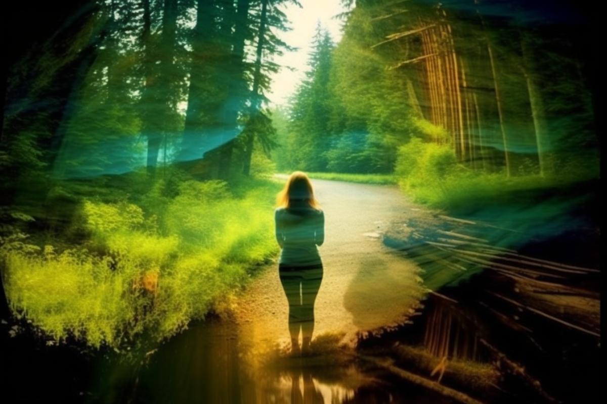 Woman in a forest park, hallucinations