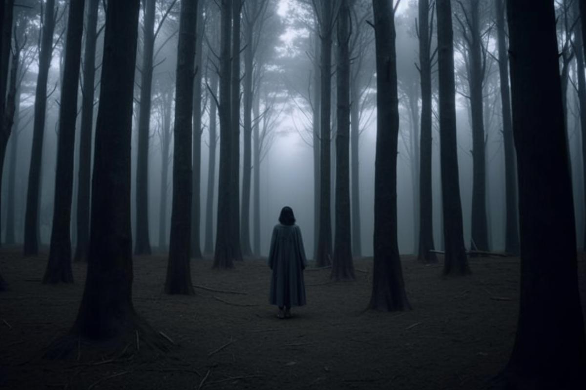 Woman in a forest park, hallucinations