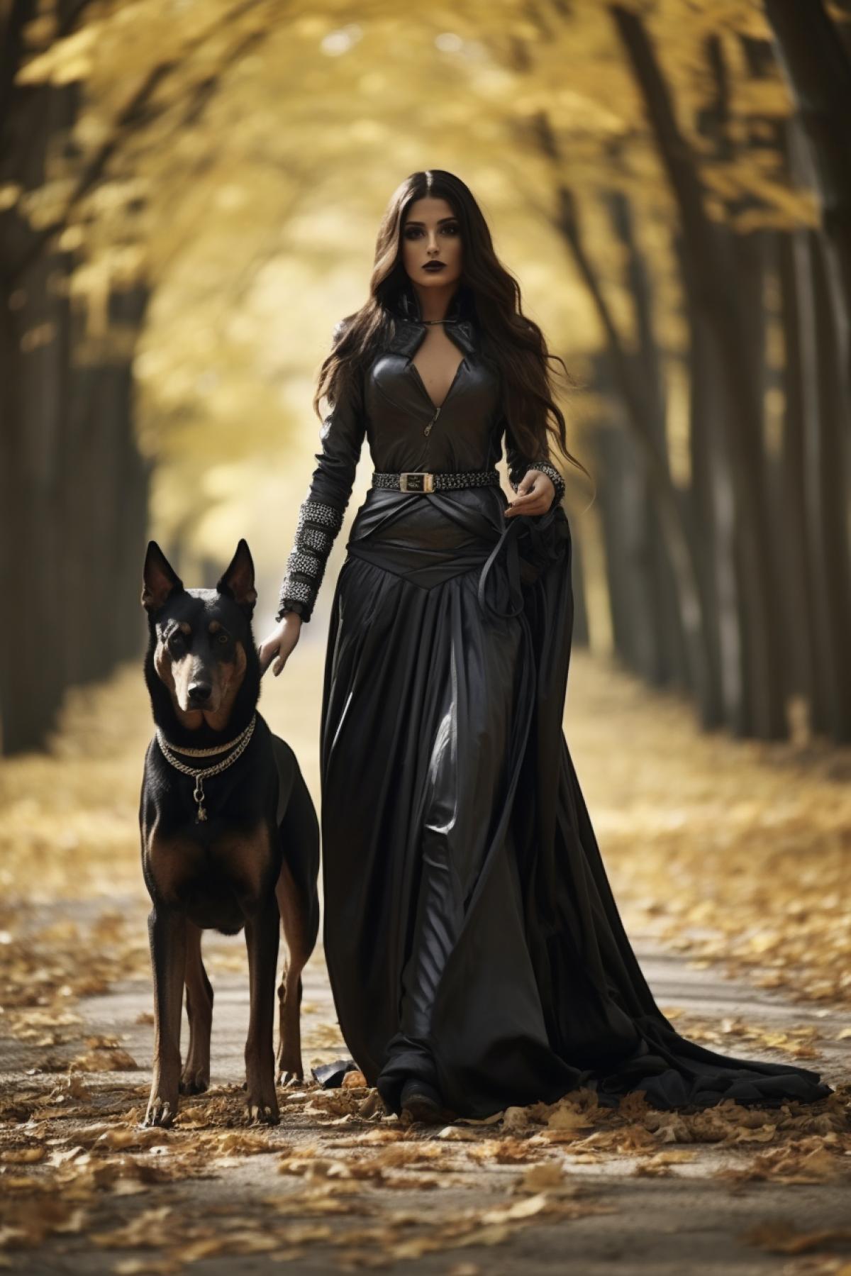 luxury gothic girl and her Doberman walking in the park, autumn, October, Halloween, atmospheric, photorealistic