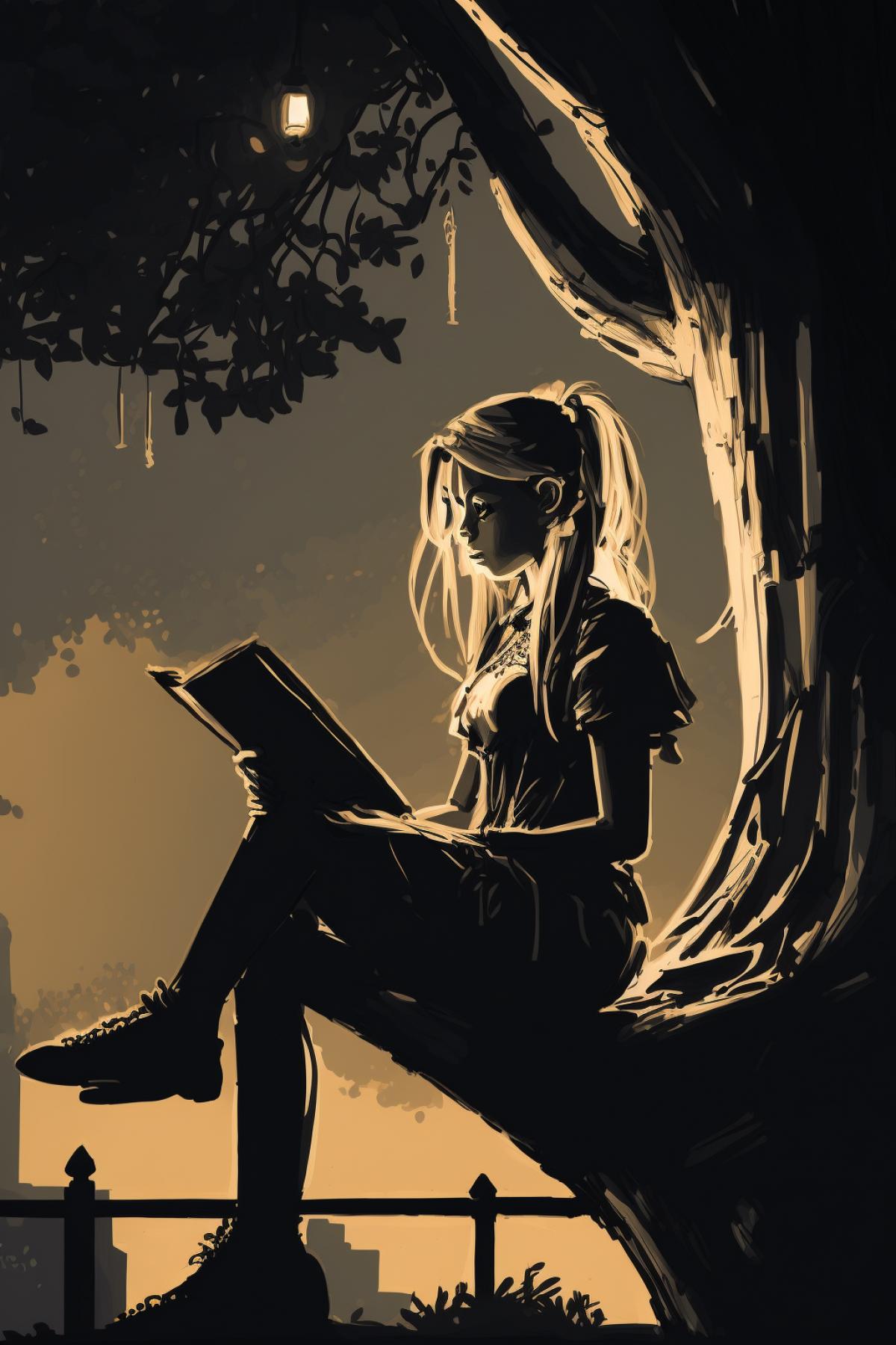 Visual art depicting a com4k of a female student reading a book in a park, sitting on the grunder a tree. Dark and ruthless hard style, Michelangelo, digital illustration and tablet, dark and cold light