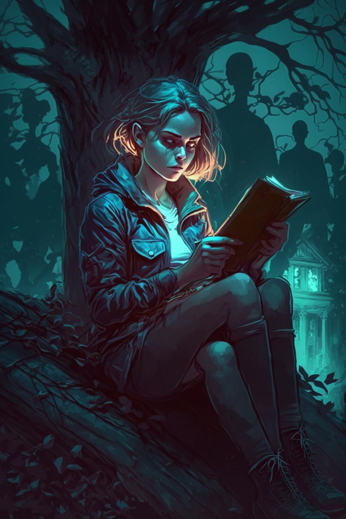 Visual art depicting a com4k of a female student reading a book in a park, sitting on the grunder a tree. Dark and ruthless hard style, Michelangelo, digital illustration and tablet, dark and cold light