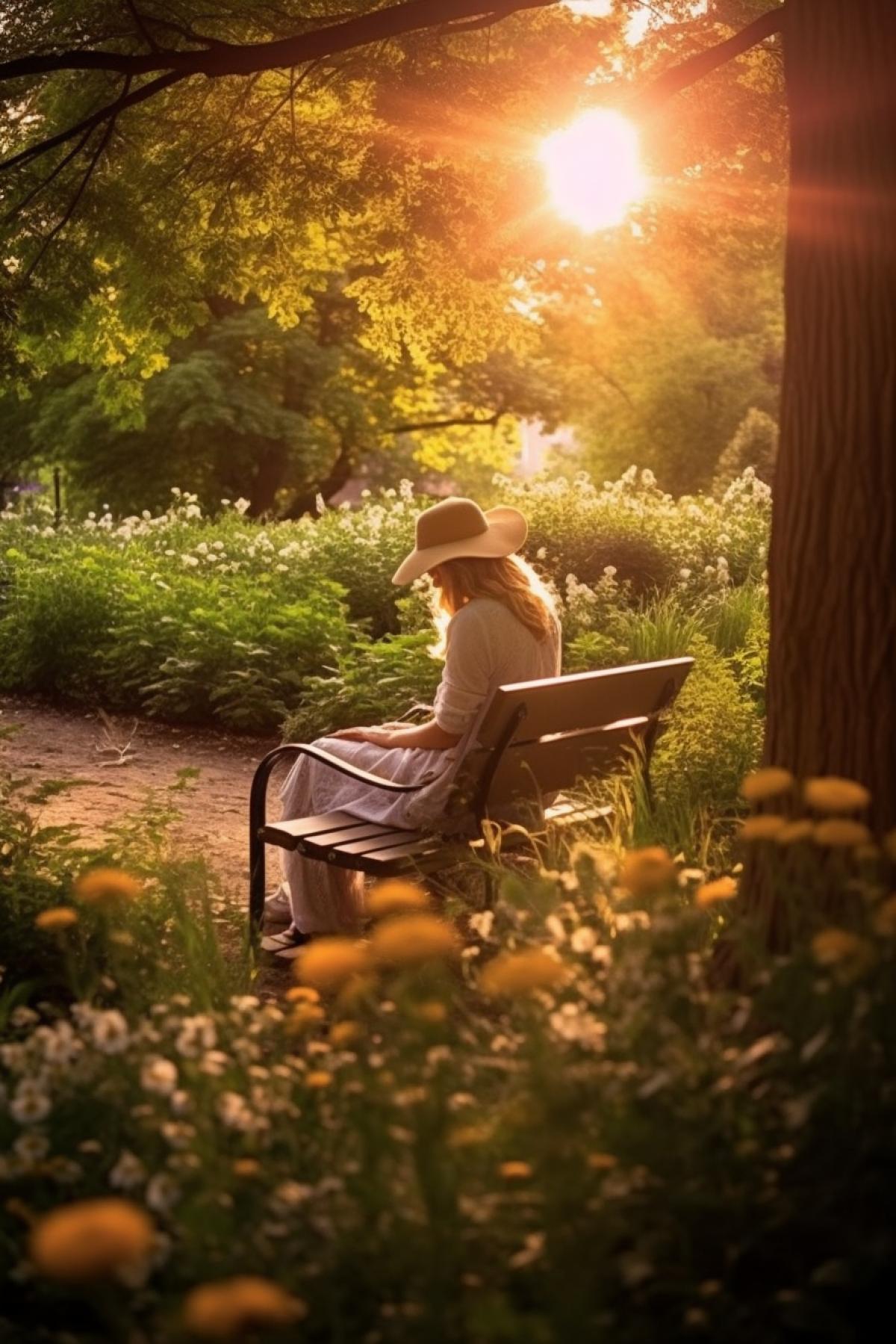 A tranquil park scene featuring a young woman surrounded by the soothing embrace of nature, illuminated by the soft, golden rays of the setting sun. The girl is seated on a weathered wooden bench, her eyes closed in serene contemplation. The vibrant greenery of the park creates a lush backdrop, with tall trees casting dappled shadows on the ground. Wildflowers bloom at her feet, and a gentle breeze stirs her hair. The atmosphere exudes peace and serenity, making the viewer feel the harmony of this tranquil moment.