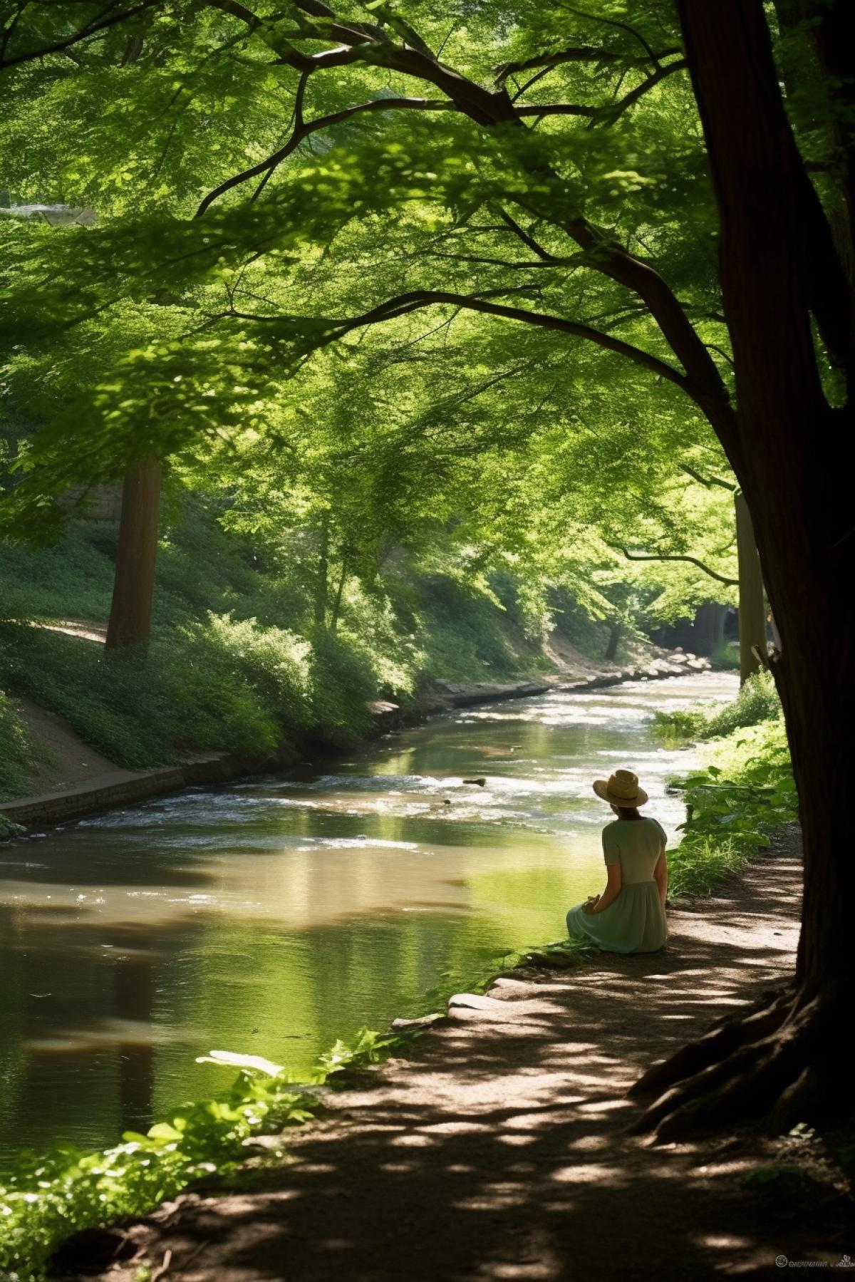 Serene park scene: A young woman stands beneath a tranquil, lush canopy of trees, basking in the dappled sunlight that filters through the leaves. She gazes at a gentle stream that meanders through the park, and a content smile graces her lips. Surrounding her, the park bursts with vibrant shades of green, and the distant sound of birdsong fills the air. To capture a winning entry, emphasize the delicate interplay of light and shadow, the vibrant colors of the park, and the sense of serenity in the young womans expression.