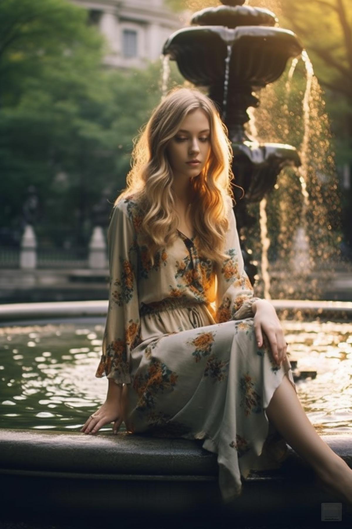 Beautiful girl in the park sits and looks at the fountain