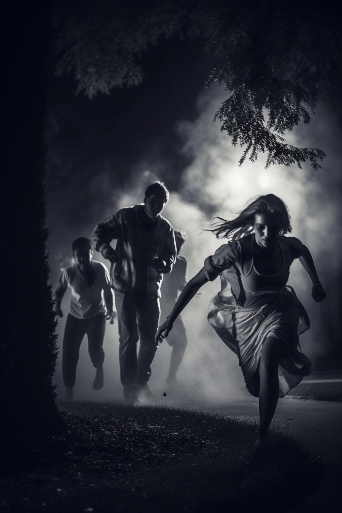 Maniacs and serial hiters hunting the beautiful young girl scared frightened horrified at night in city park under moonlight