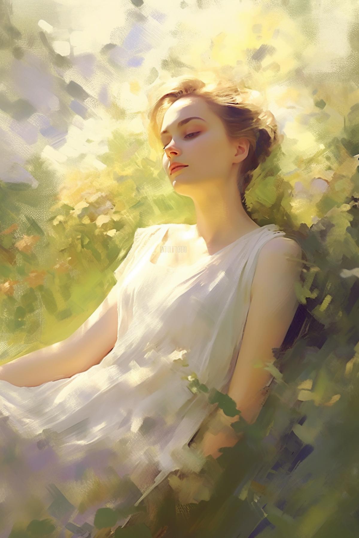 luxury girl in nature, serene and contemplative, soft pastel colors, impressionist style, dappled sunlight, organic textures, harmonious com4k. (by Monet)