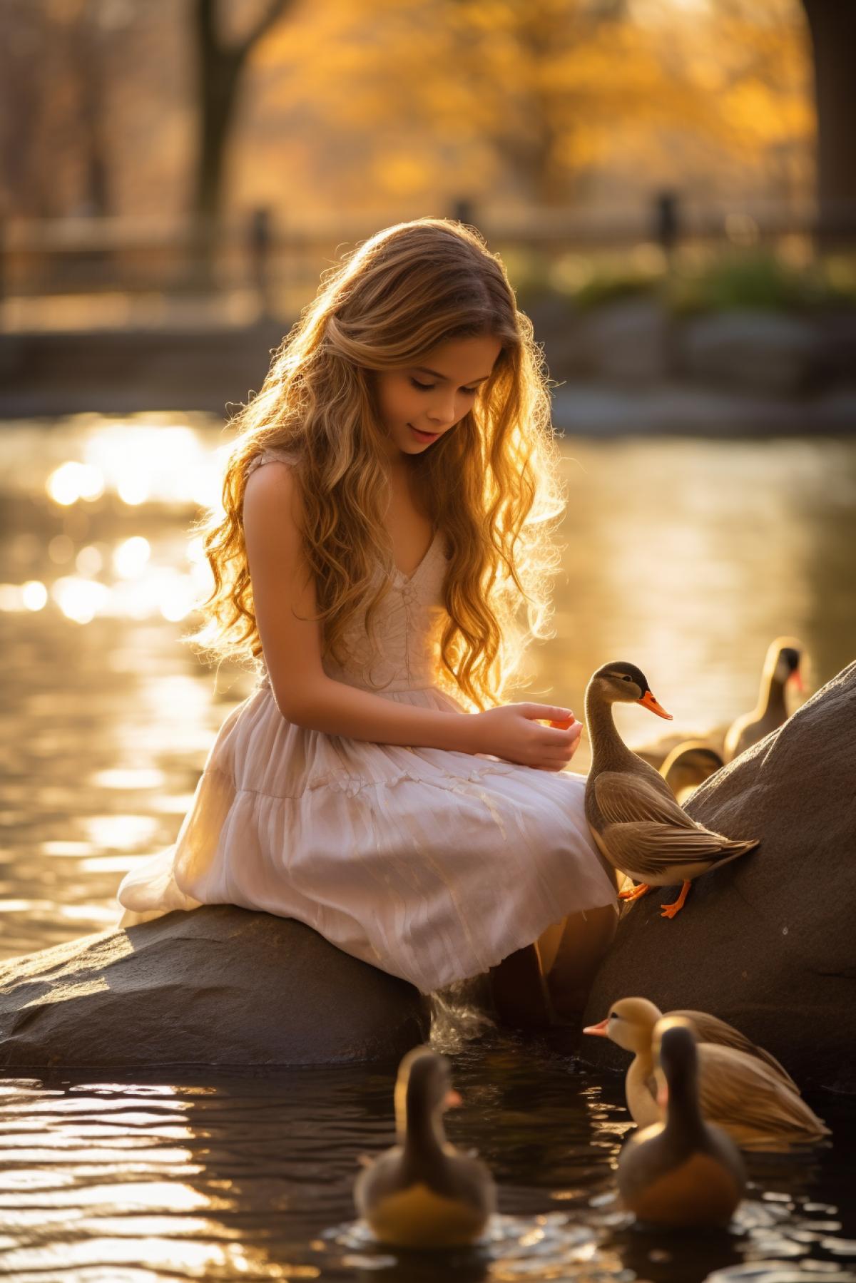 Young beautiful girl in the central park of New York feeding the ducks