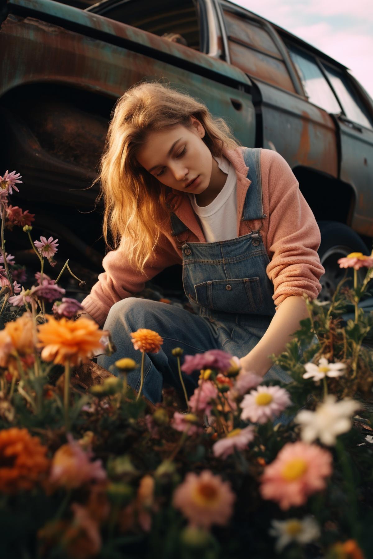 A girl in a dirty overalls smells flowers in a taxi park. Artistic photography.