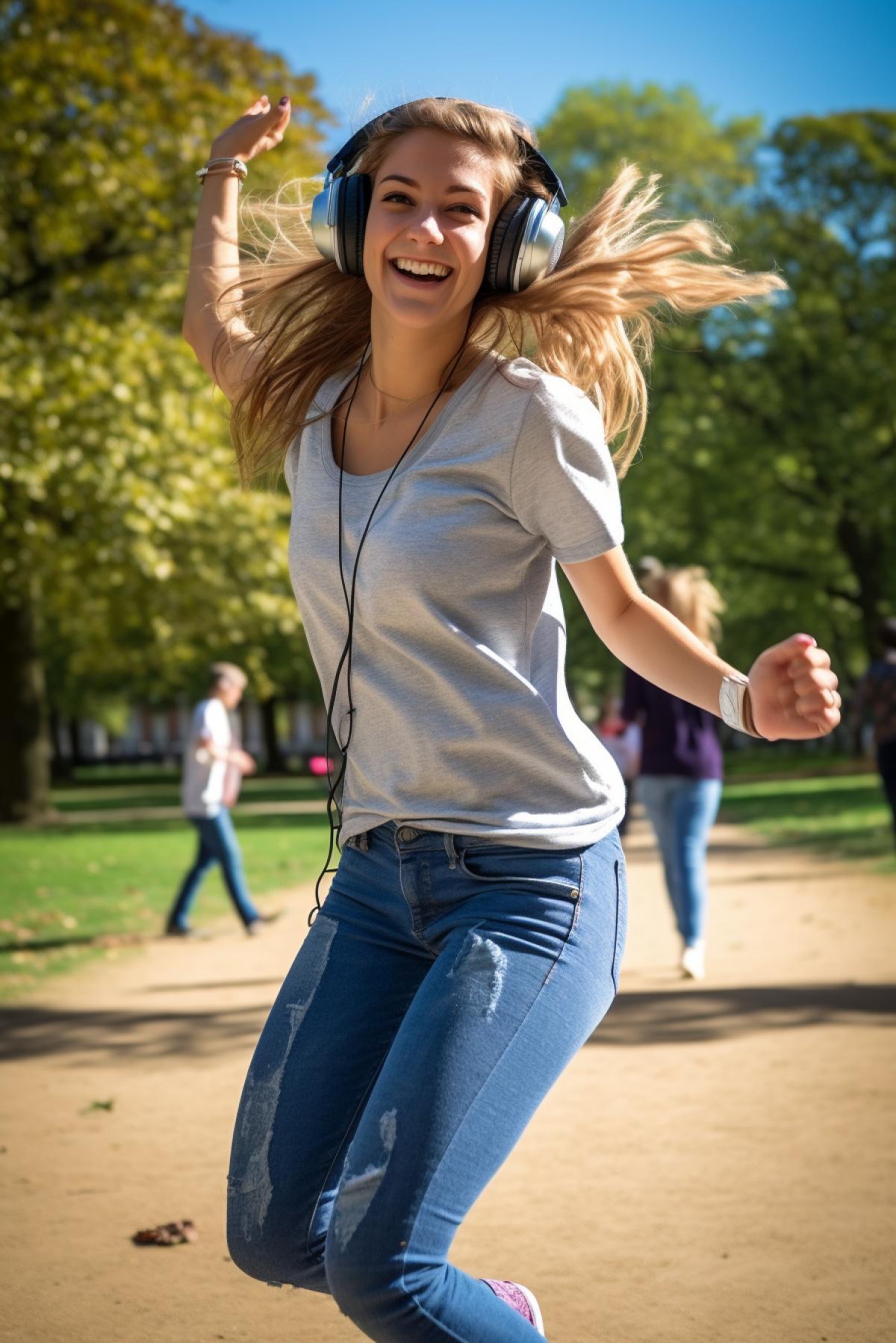 Young beautiful girl wearing headphones full height dancing break-dance in the Kensington gardens of London