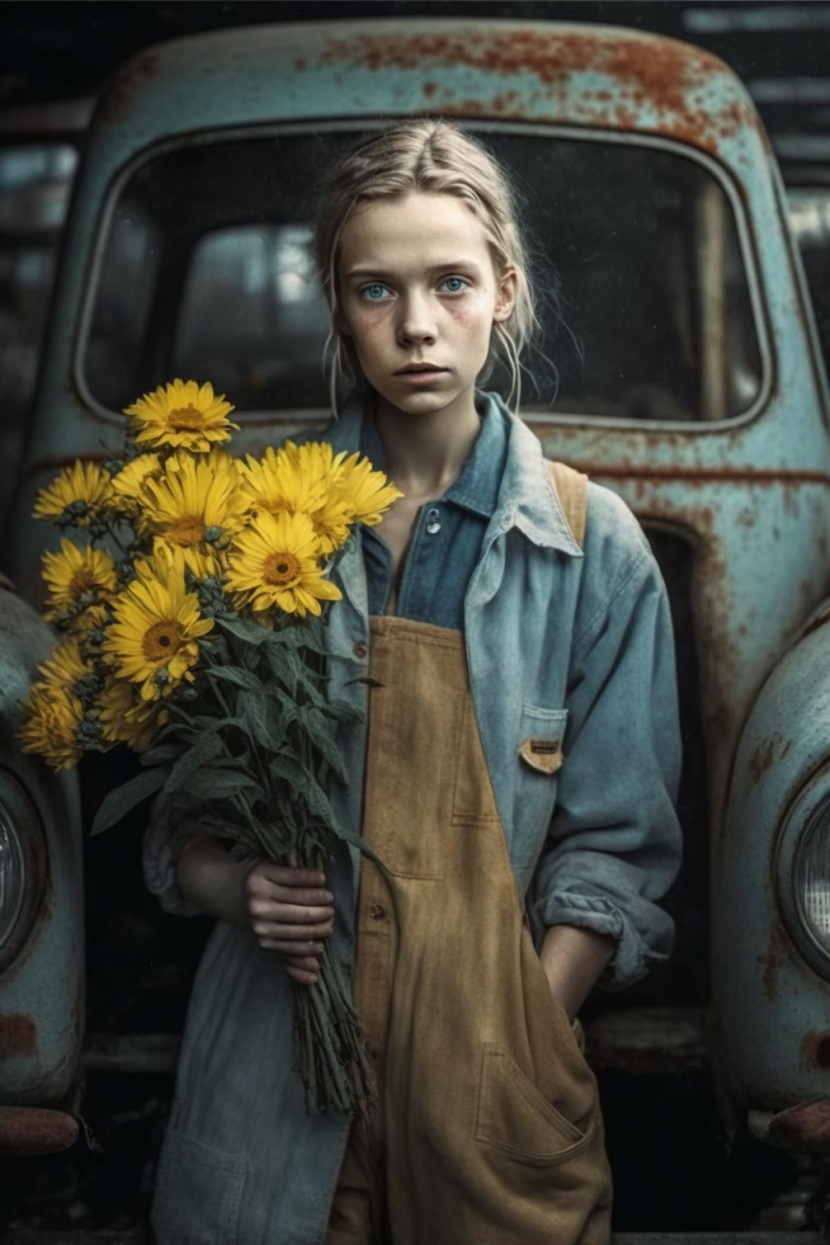 A girl in a dirty overalls smells flowers in a taxi park. Artistic photography.