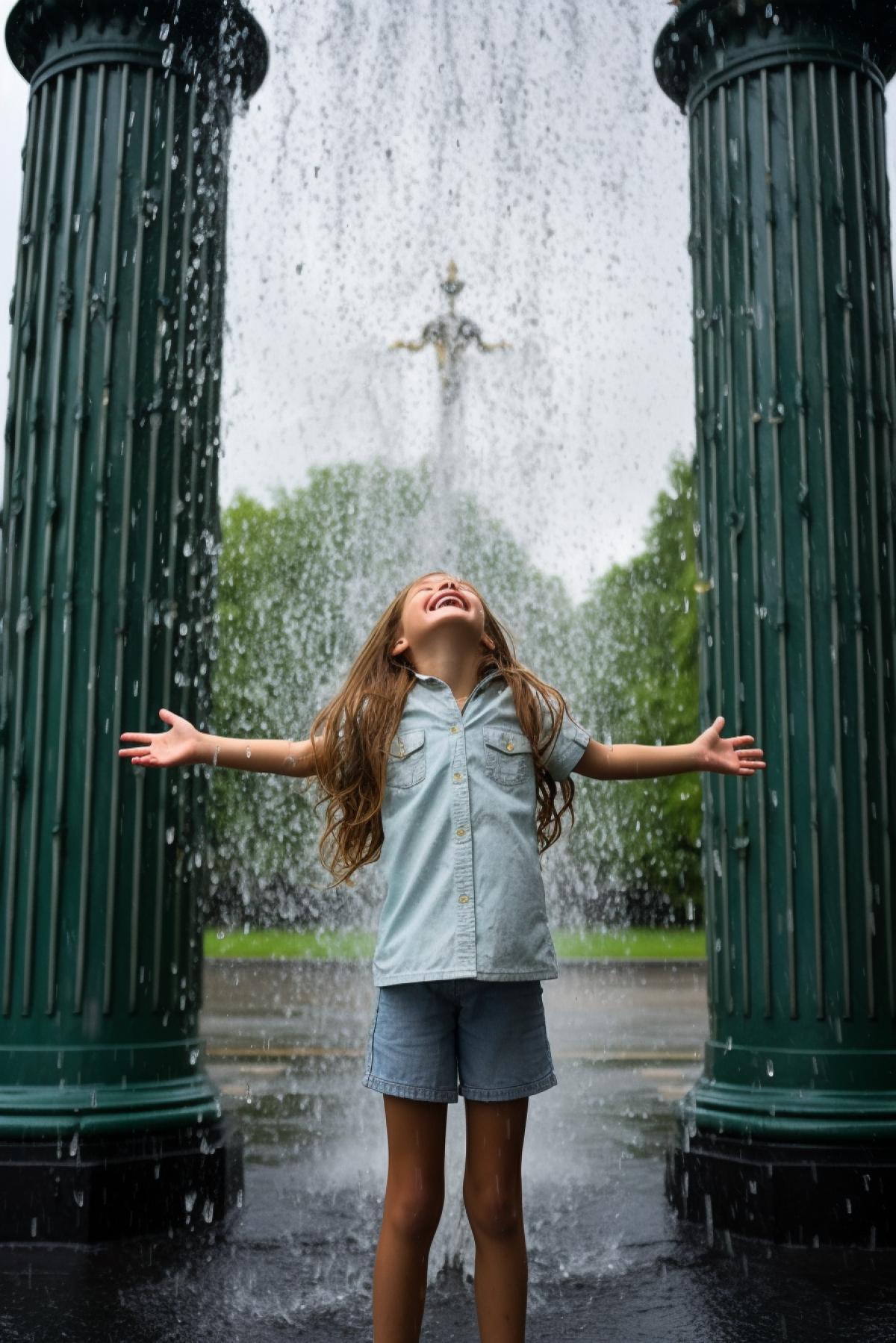 Wet and happy beautiful girl under the heavy bathroom rain jets full height in the Kensington gardens of London looking up to the skies