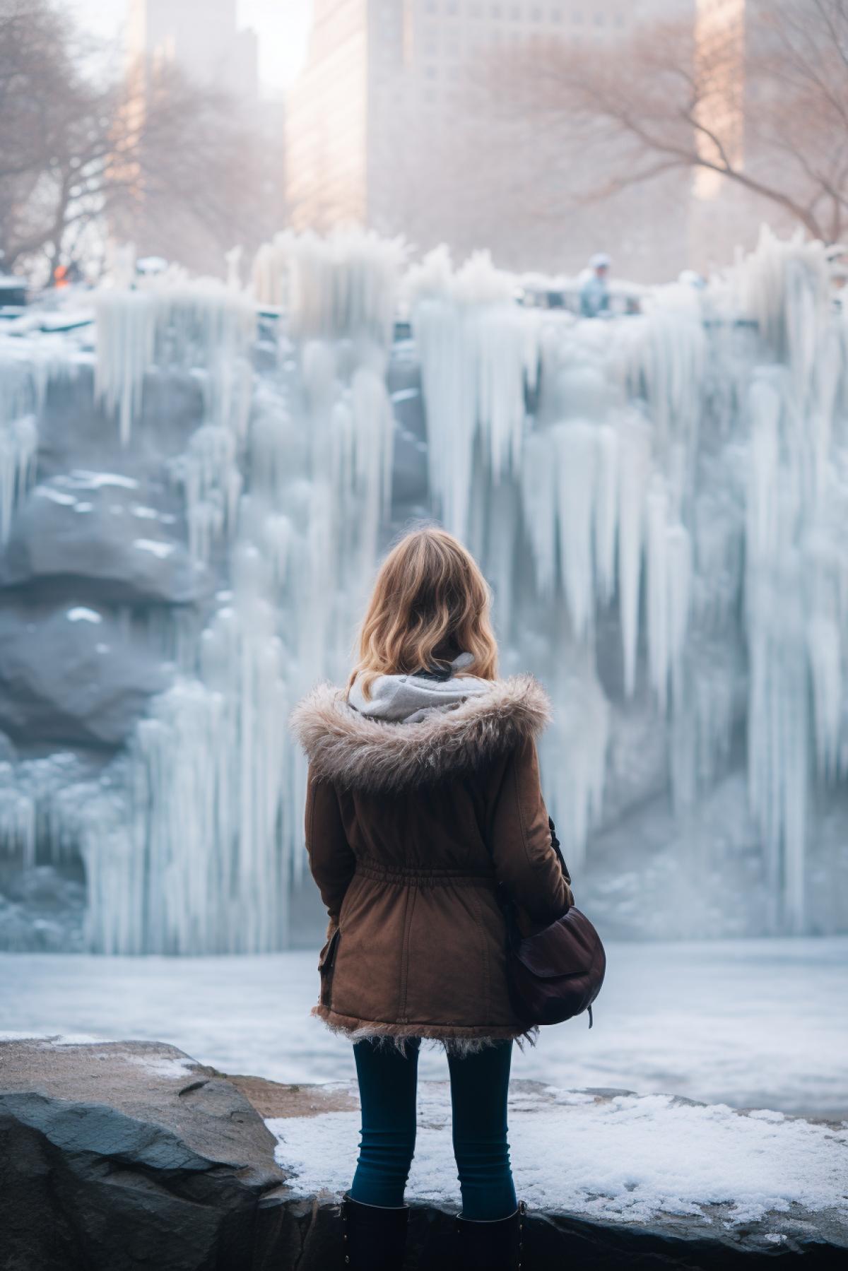 Young beautiful girl looking at frozen fountain and frozen pond in Central park of New-York