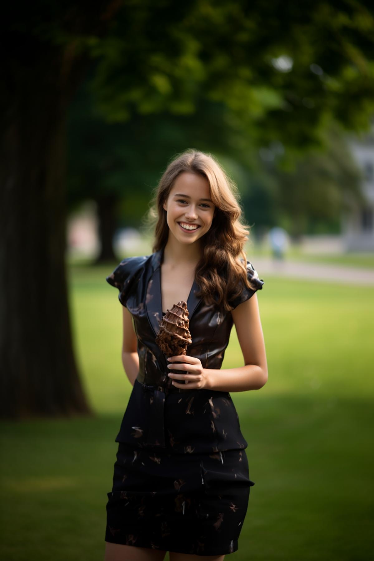 Young beautiful 20-year-old girl in Kensington gardens of London cone of chocolate ice-cream in hand her dress and face with melting chocolate ice-cream small puzzled and smiling