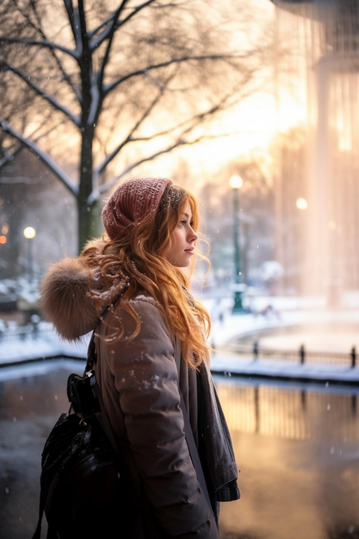 Young beautiful girl half-profile full height looking at frozen fountain and frozen pond in Central park of New-York winter day heavy snowing general view the frozen jets of contain gloss and shine