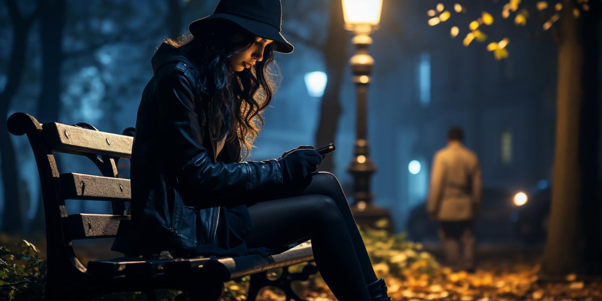 Urban park at twilight, atmospheric streetlights casting long shadows, mysterious, elegantly, a beautiful woman sitting on a bench while reading a worn copy of a classic novel, distant city noises echoing through the park, a vintage streetlamp illuminating her, a small bouquet of vibrant wildflowers lying beside her, a mix of moody blues and oranges, balanced com4k