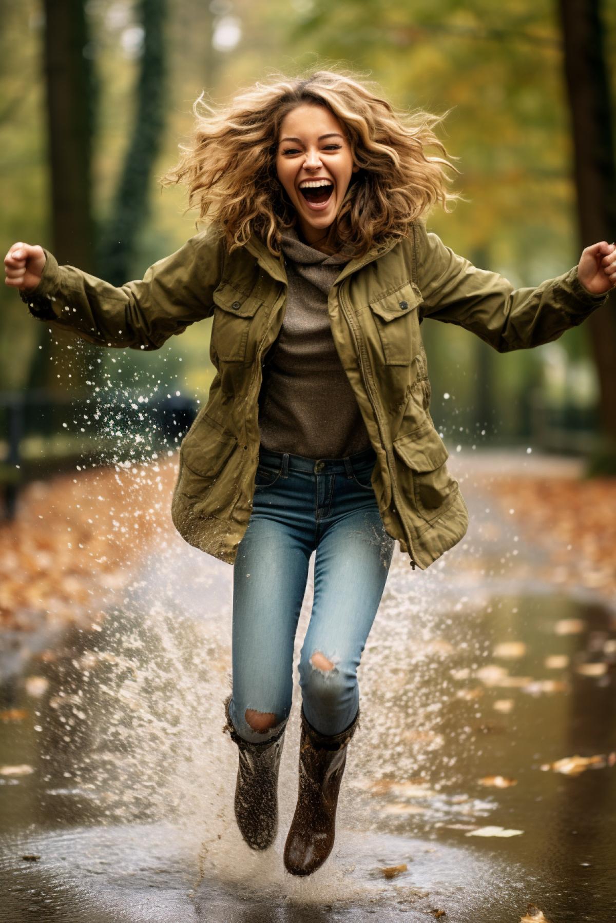 Young woman joyfully jumping through puddles in the park is happiness
