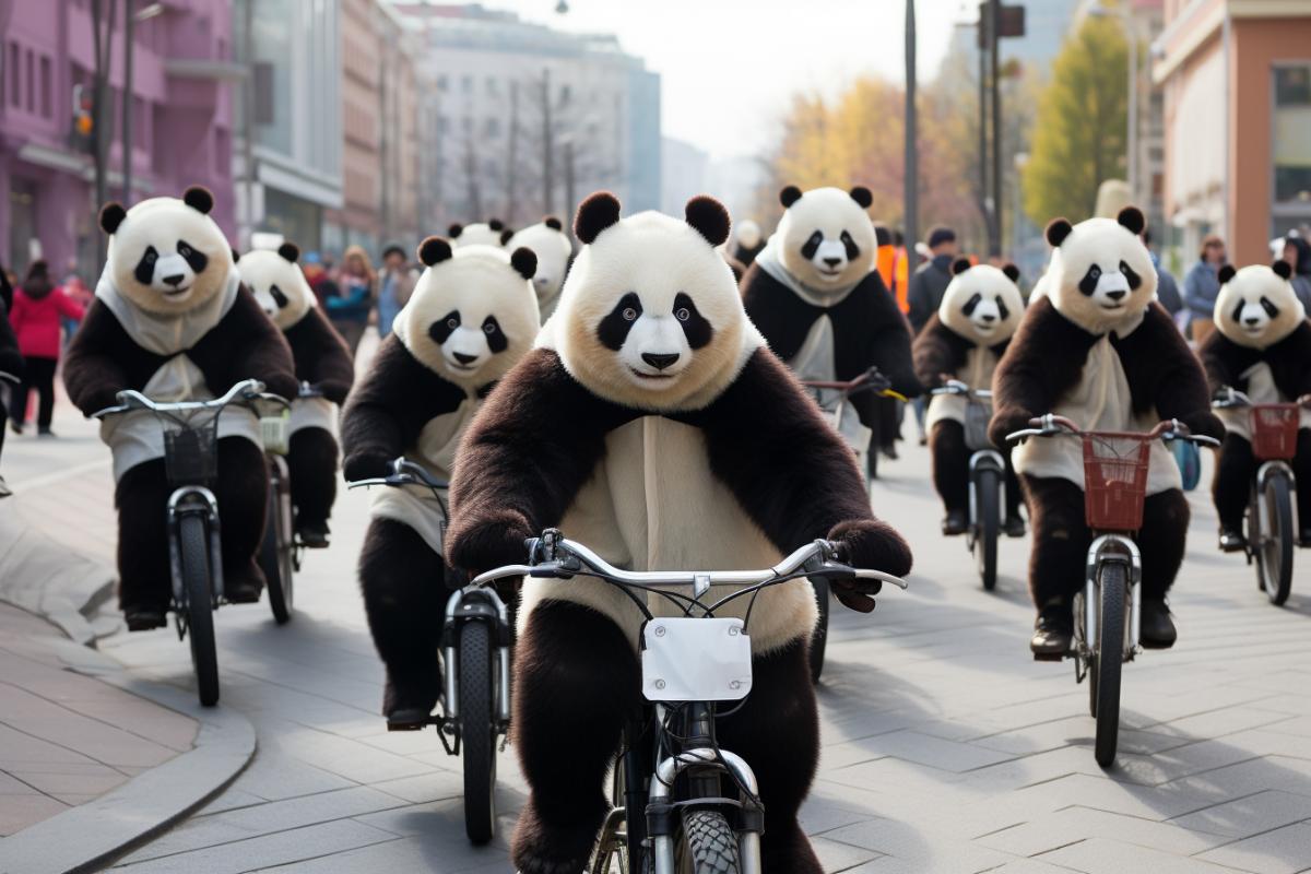 Several pandas ride bicycles in the center of a busy city, photo