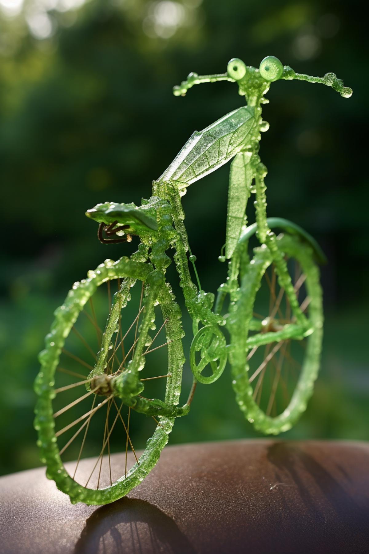 Macro photo of stick-insect riding bicycle with very small wheels along big green maple leaf covered with dew drops morning sunshine