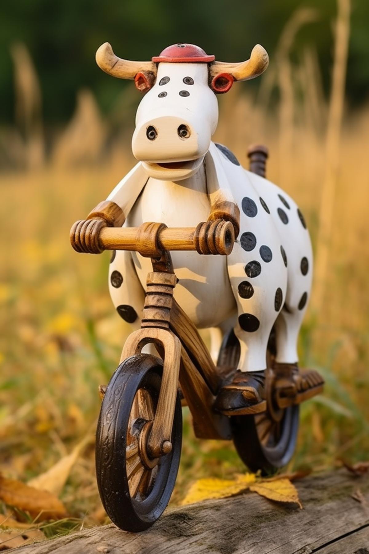 White fat cow with dark spots happily riding wooden bicycle made of old planks along the meadows