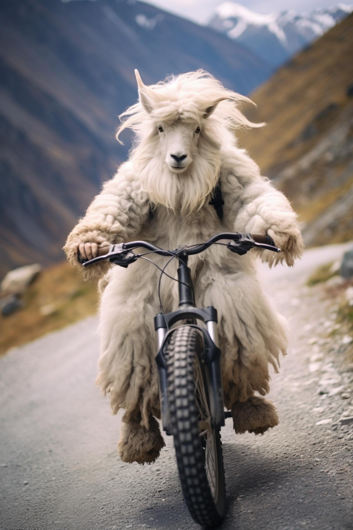 Very beautiful soft and fluffy angora goat riding fur covered mountainbicycle