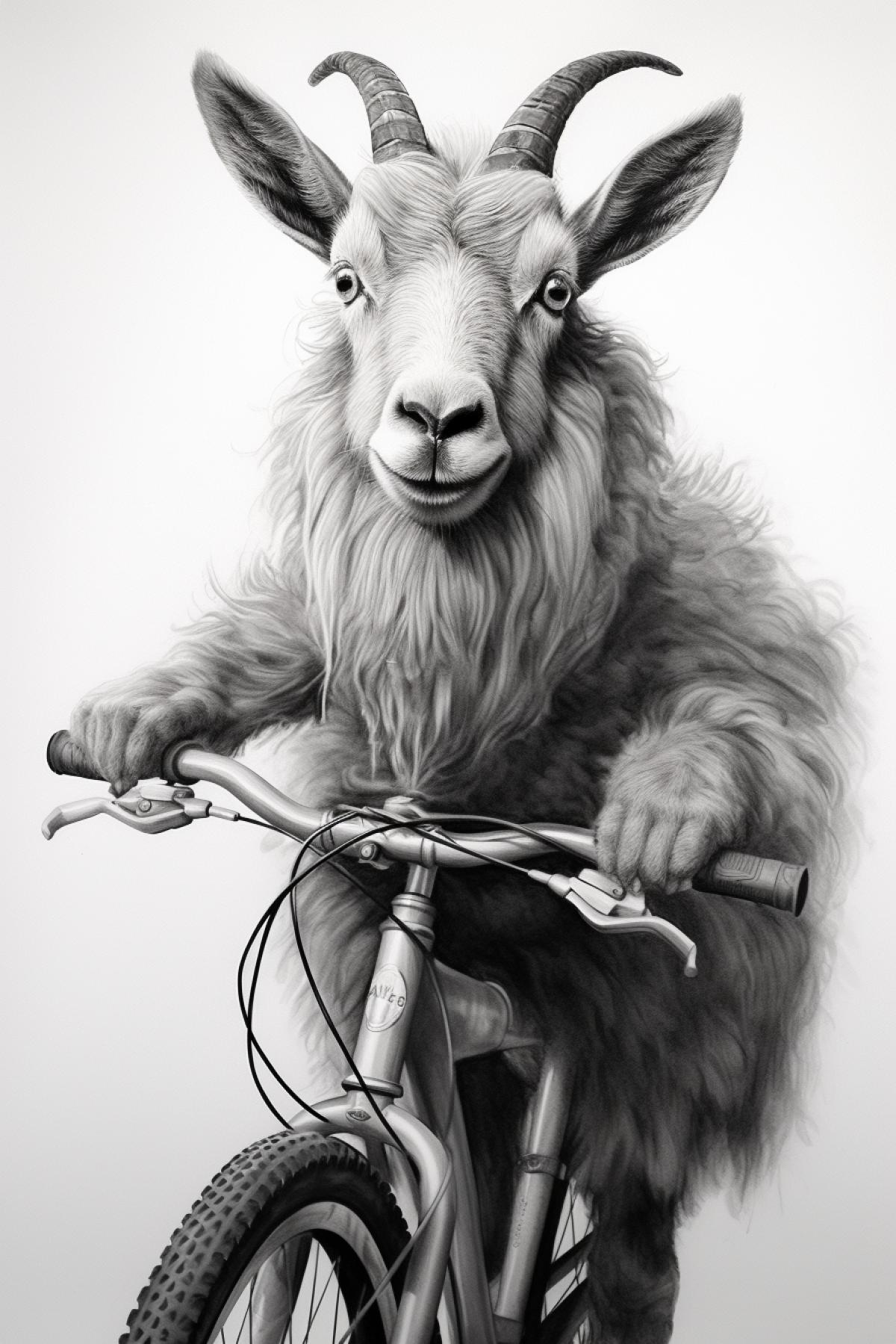 Very beautiful soft and fluffy angora goat riding fur covered mountain bicycle, academic drawing pencil charcoal