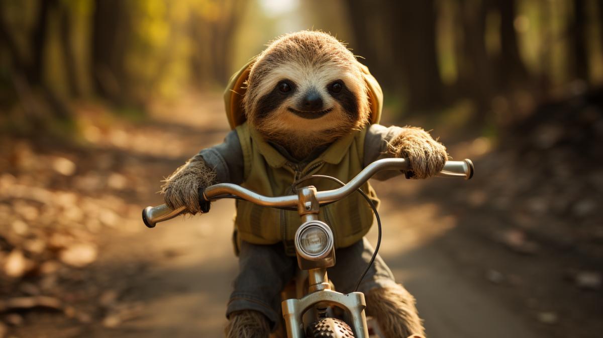 A sloth on a bicycle, in the style of Pixars Up., Dense rainforest trail, soft filtered sunlight
