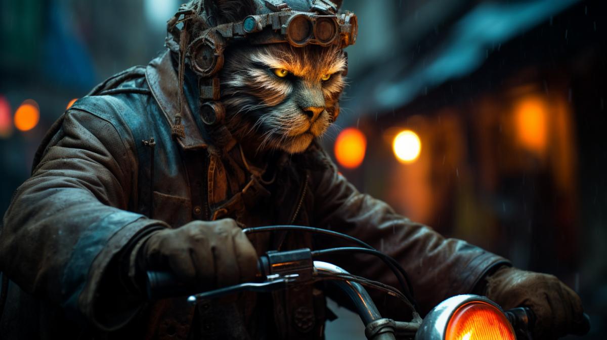 dark cat on a bicycle, night city, cyberpunk, breathtakingly dynamic com4k