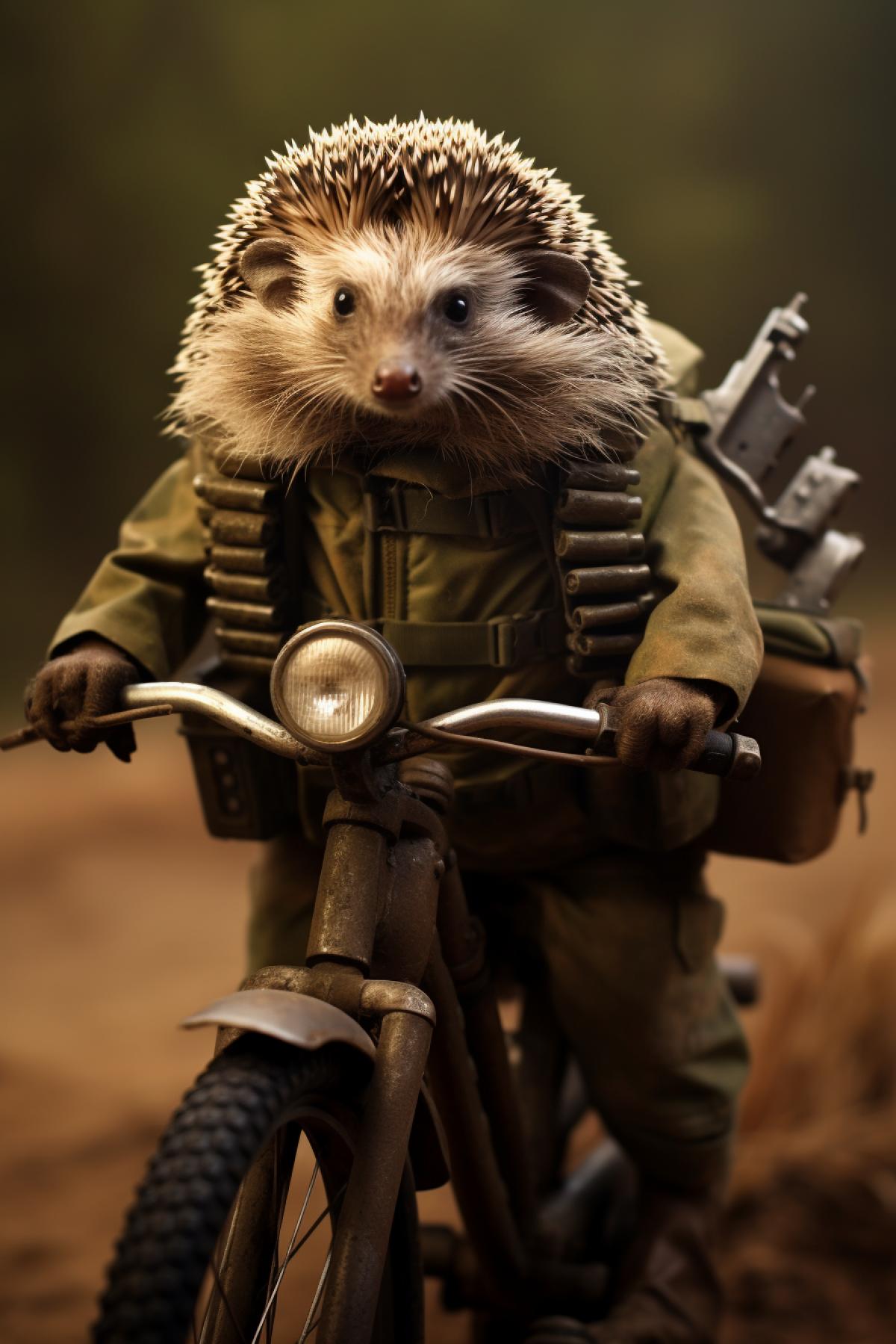 Wise sophisticated combat hedgehogs riding army bicycles armed and dangerous command