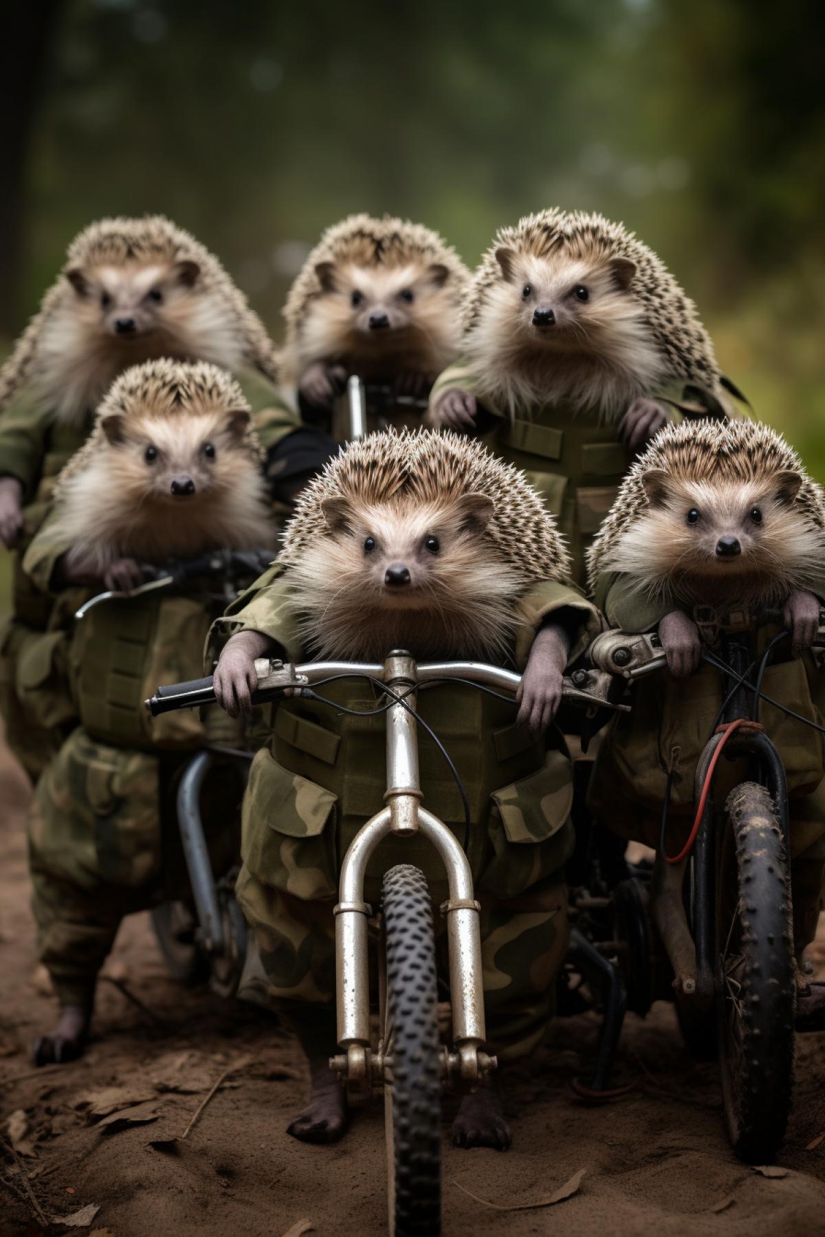 Wise sophisticated combat hedgehogs riding army bicycles armed and dangerous command