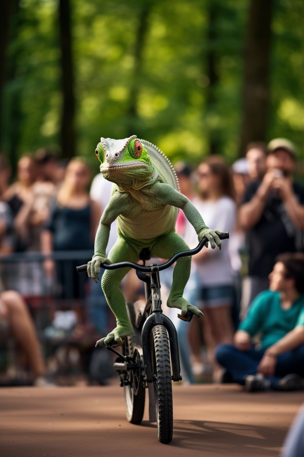 Sophisticated serious chameleon making dizzy freestyle tricks on a trick-bike bicycle parkur zone spectators shocked