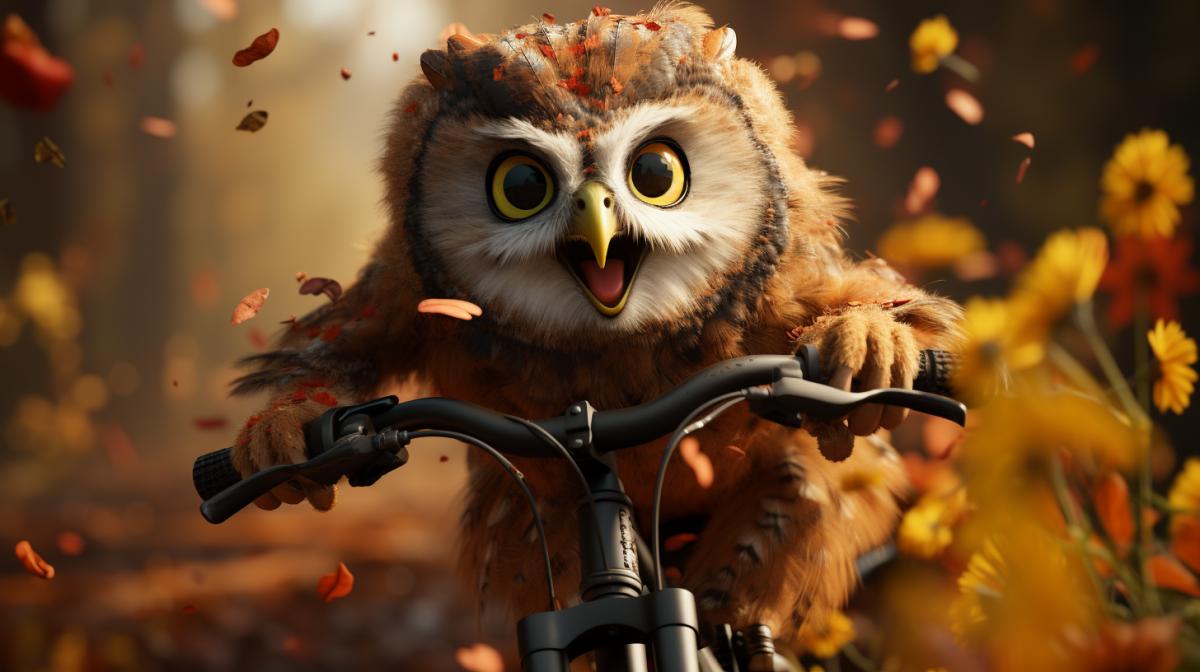 baby Owl riding bicycle through the forest, pixar style