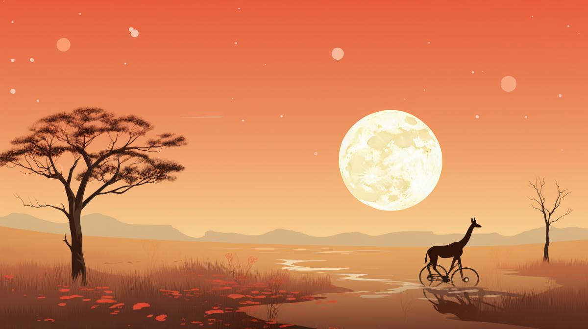 A minimalist flat illustration of a giraffe riding bicycle through the desert, observing a large solar eclipse and clouds in the background, tilted panorama, triadic amethist palette