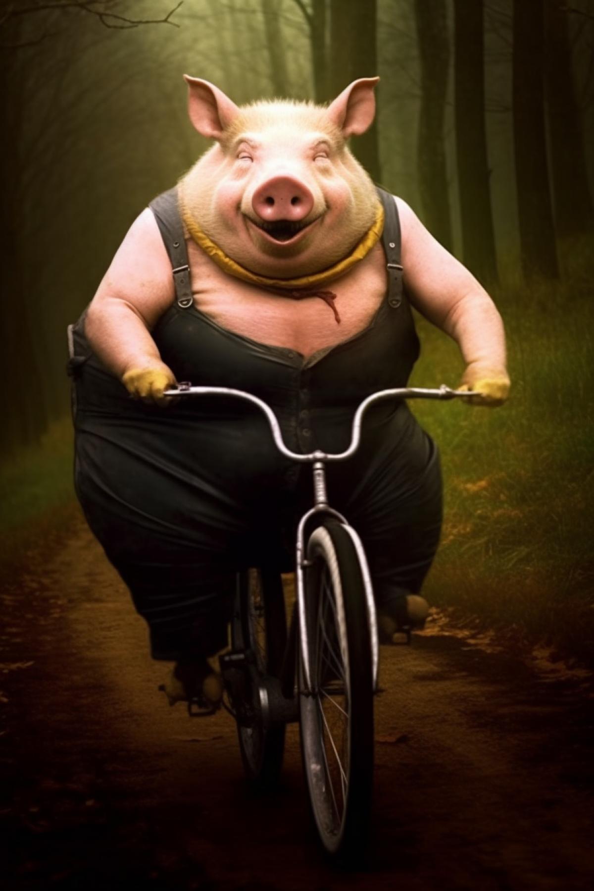 Fat pig on a bicycle. The photo was taken in motion. Artistic photography.