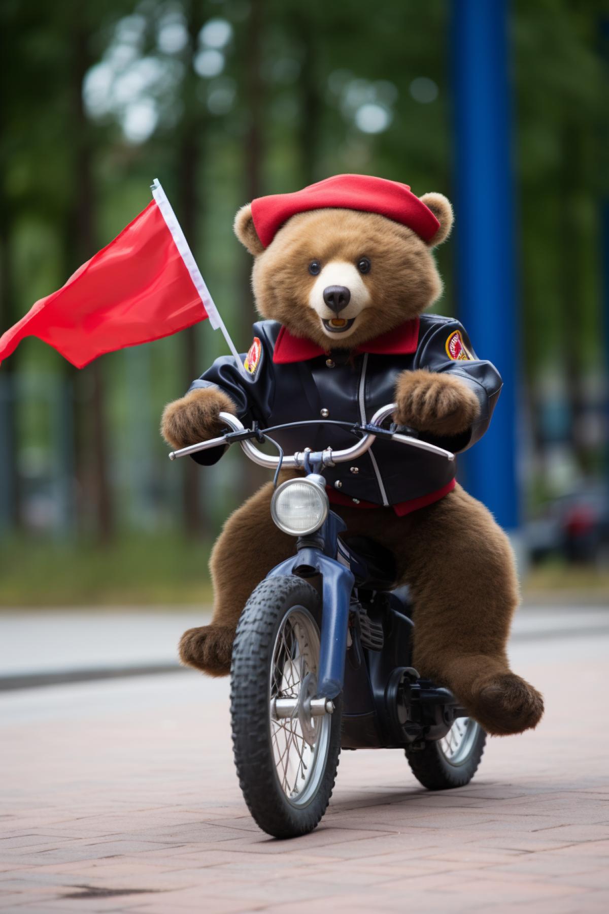 Bear soldier rides a future bike with the flag of the Russian Federation