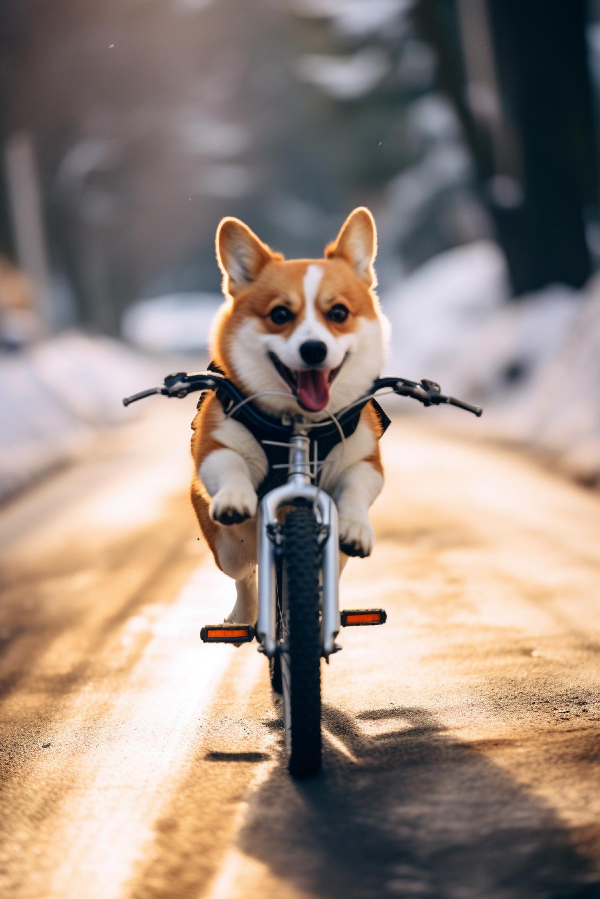 Rocker Corgi dog rides a bicycle from a large snowy mountain