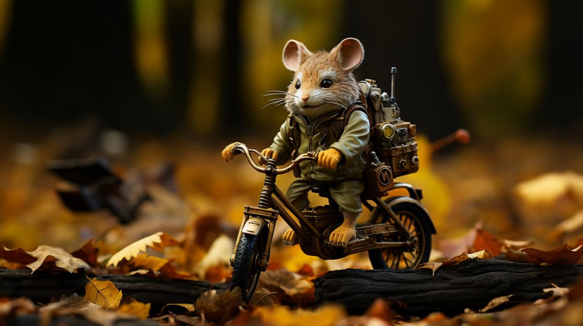 Anthropomorphic ant riding a bicycle, moss, yellow leaves, macro photography