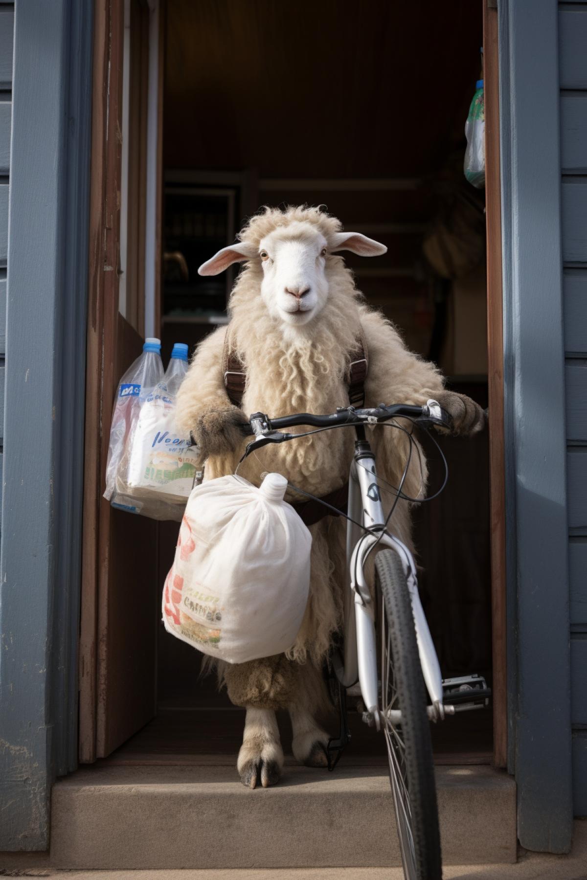 Angora goat knocks at the door standing on rear feet holding big bag full of milk bottles bicycle nearby