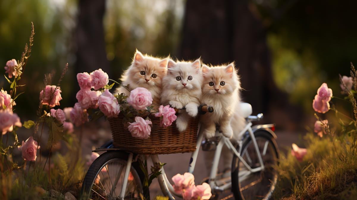 3 Cute kittens on a bicycle, photographically detailed portraitures, attention to fur texture, overwhelming cuteness, unreal engine, tones of pastel pink and green, harmonious com4k, octane render