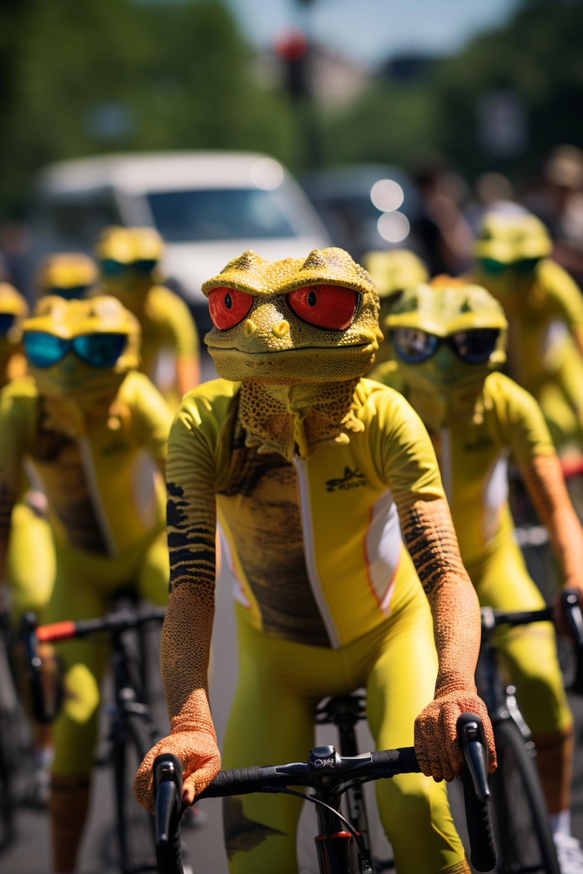 Bicyclers lizards at tour de France bicycle race