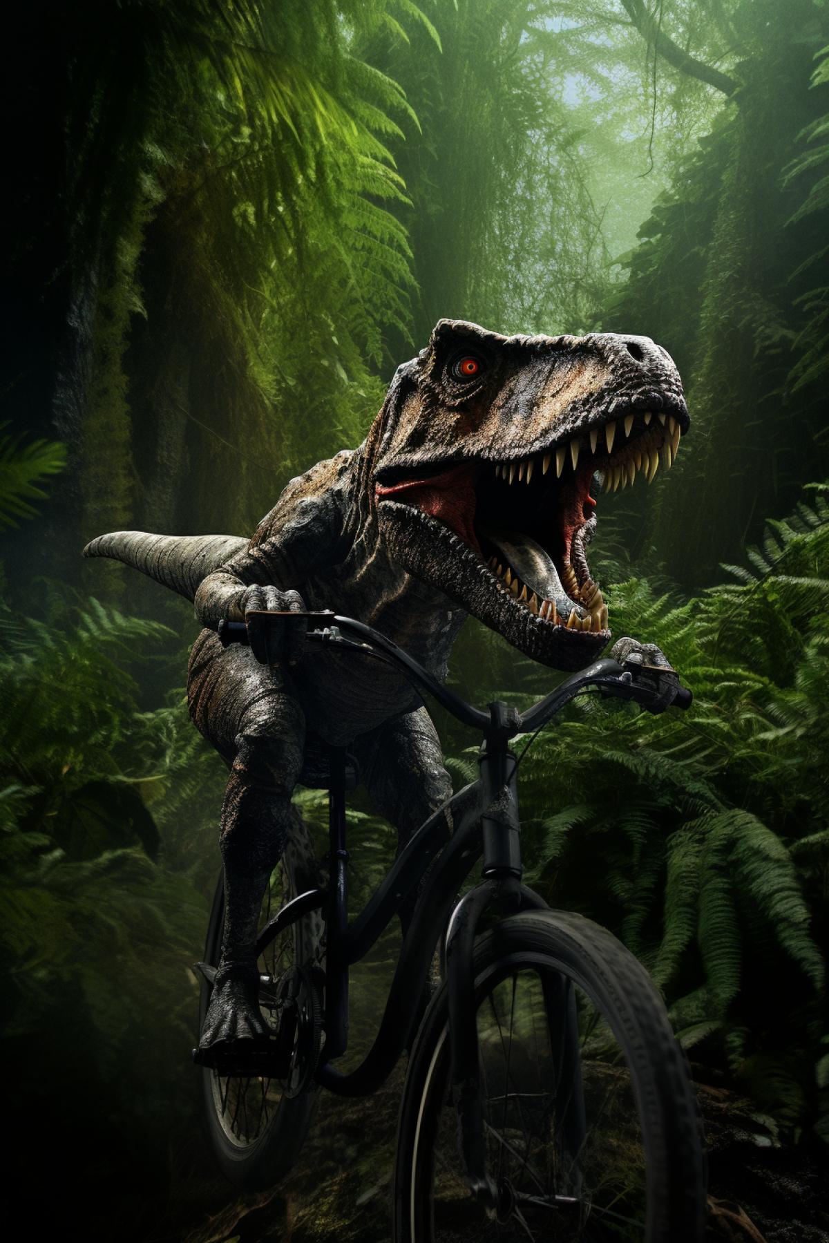 Velociraptor riding the bicycle among prehistorical first of giant ferns
